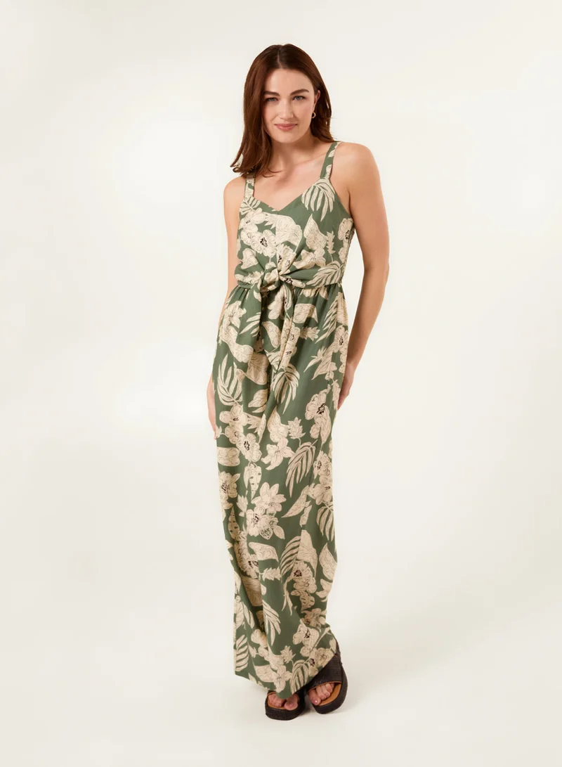 Tropical Print Tie Front Jumpsuit